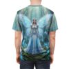 A mystical fairy queen with iridescent wings stands in an enchanted forest with glowing crystals, all over print t-shirt.