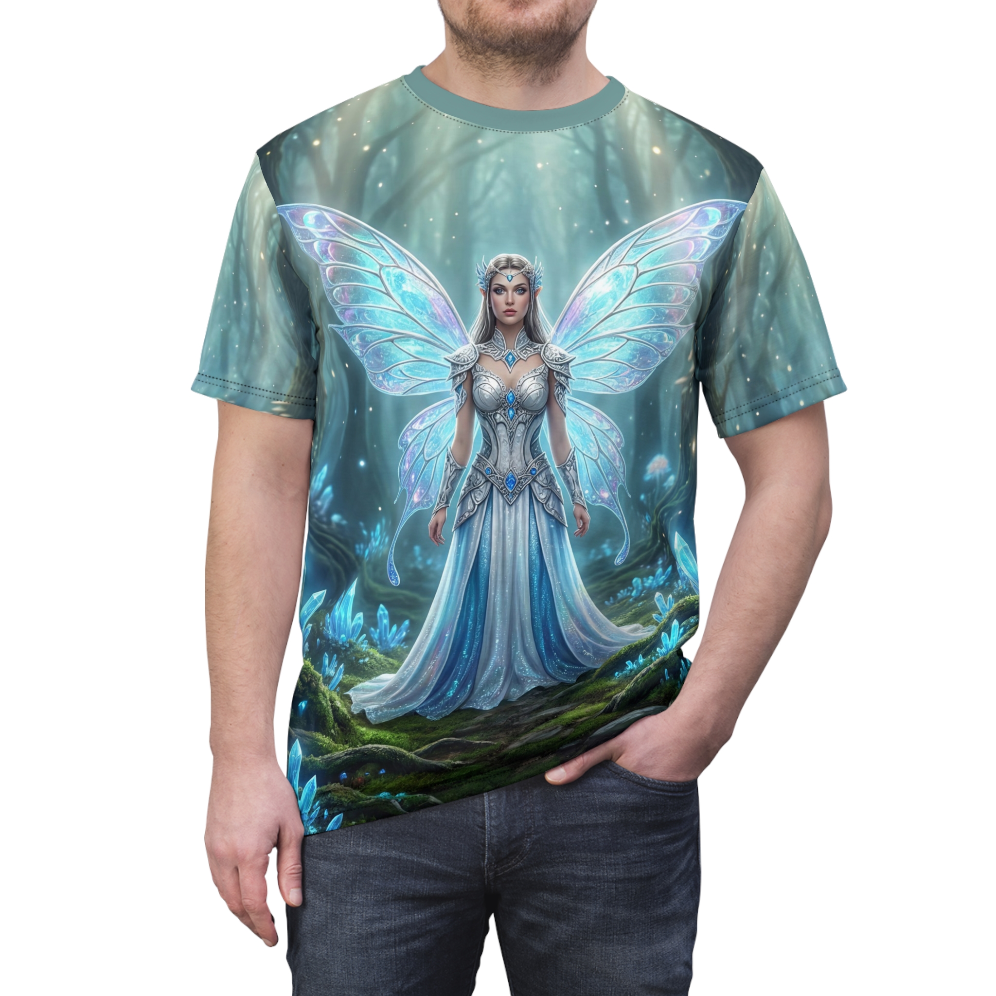 Blue and white fairy with glowing wings on an all over print t-shirt, surrounded by crystals.