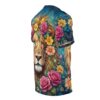 A majestic lion crowned with pink and yellow flowers adorns this all over print t-shirt.