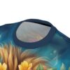 Golden lion mane and vibrant flowers in blues, yellows and pinks cover this all over print t-shirt.