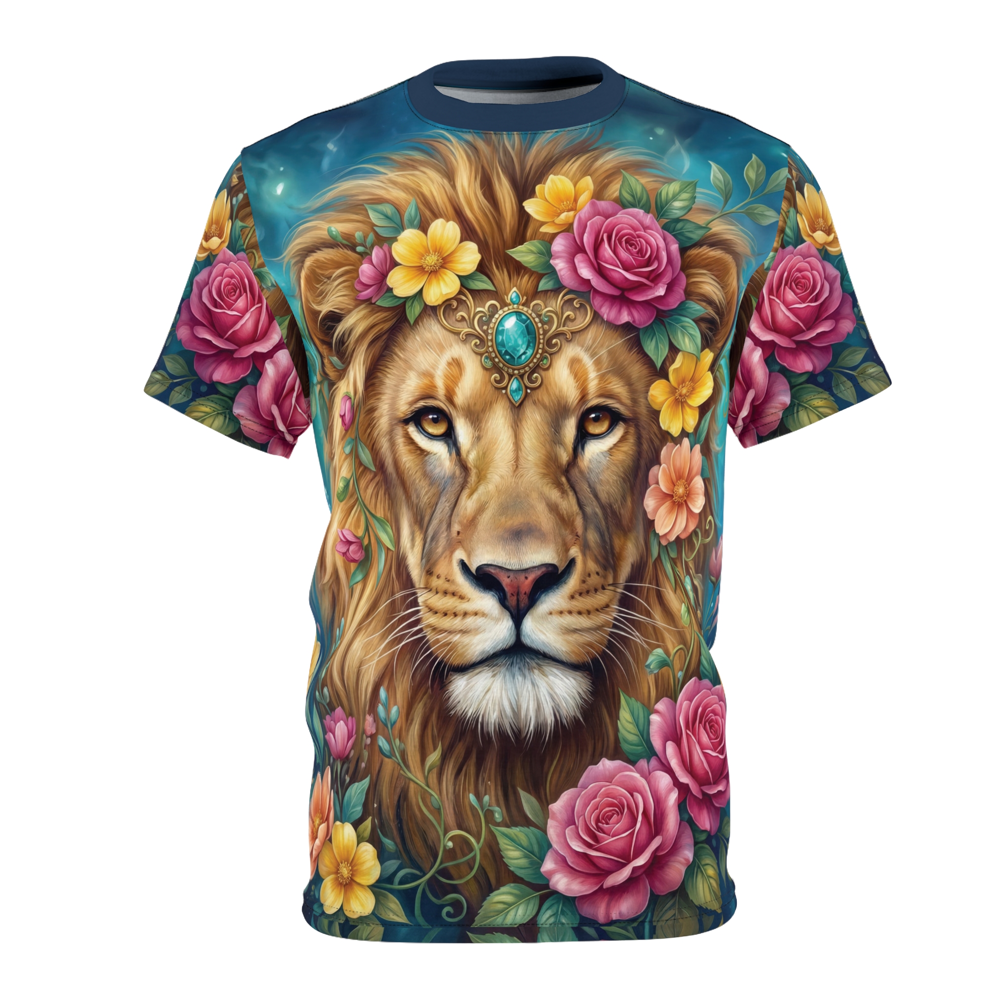 Majestic lion with a floral crown and teal gem, set against a dark blue background. This all over print t-shirt showcases vibrant pink roses and yellow flowers.