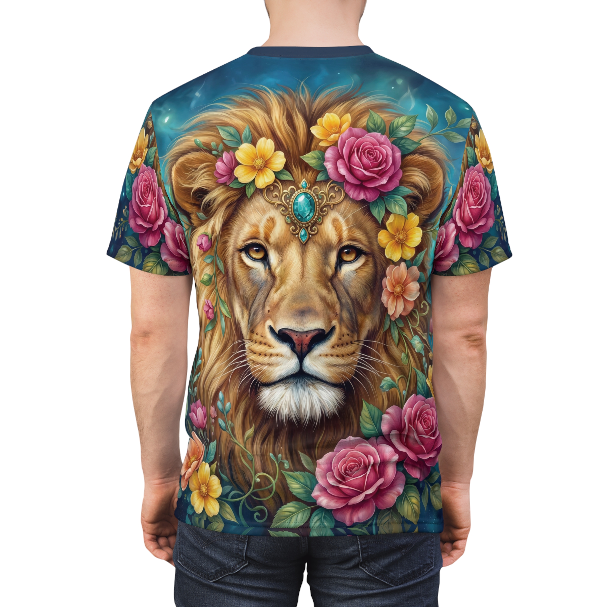 Regal lion face adorned with pink roses and yellow flowers, set against a dark blue background. This all over print t-shirt features intricate floral details.