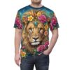 A lion's face adorned with pink roses, yellow flowers, and a turquoise gem, printed on an all over print t-shirt.