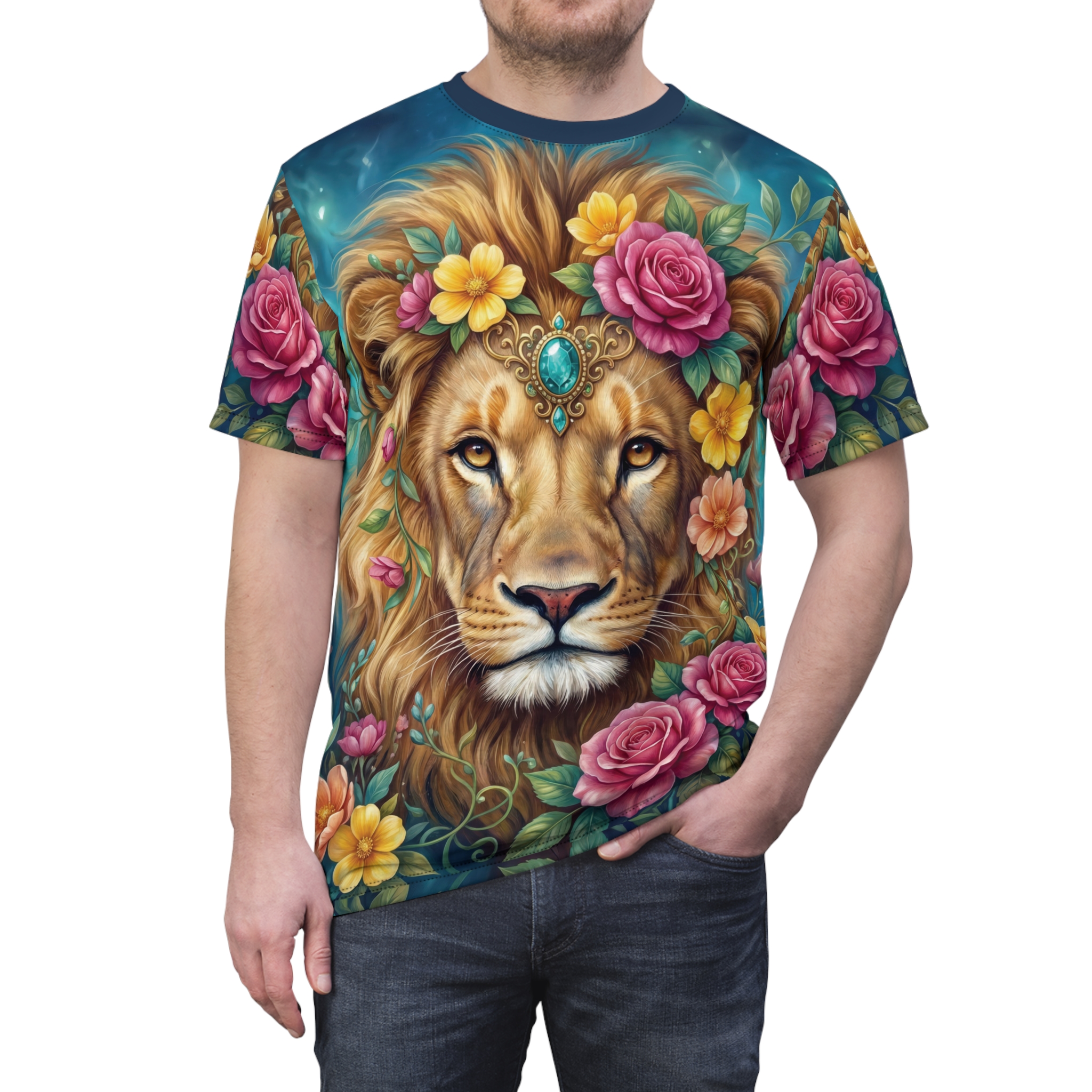 A lion's face adorned with pink roses, yellow flowers, and a turquoise gem, printed on an all over print t-shirt.