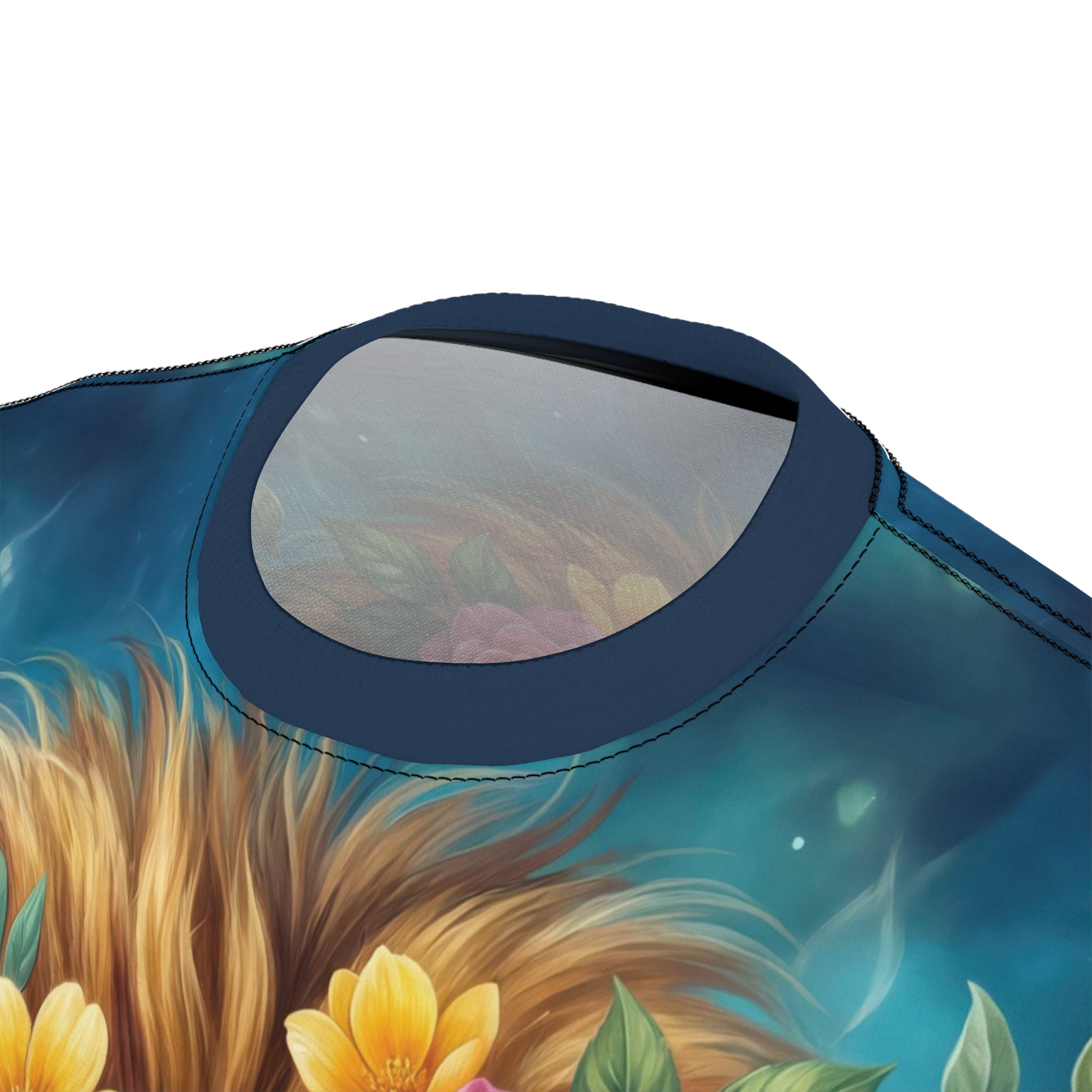 Golden lion mane and vibrant flowers in blues, yellows and pinks cover this all over print t-shirt.