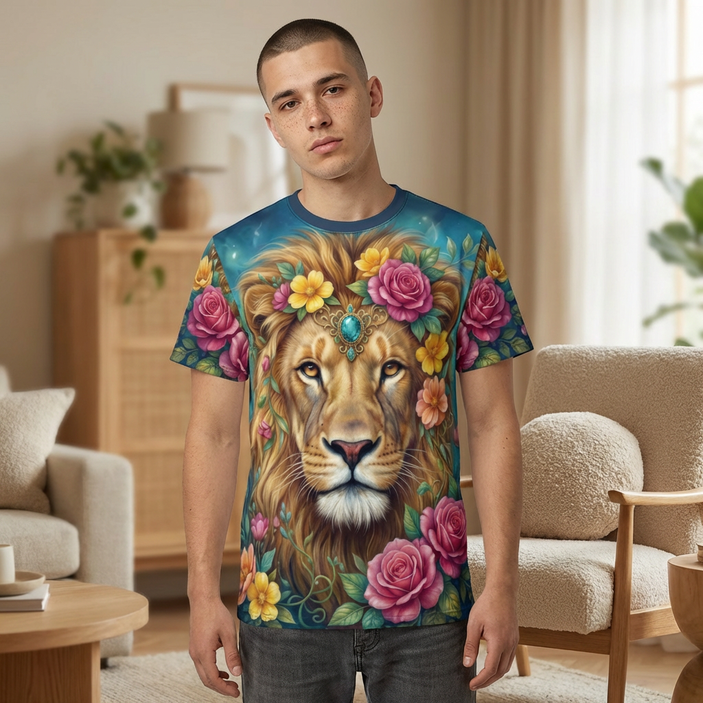 Majestic lion with a floral crown and turquoise jewel, set against a starry blue background. This all over print t-shirt showcases vibrant roses and yellow blossoms.
