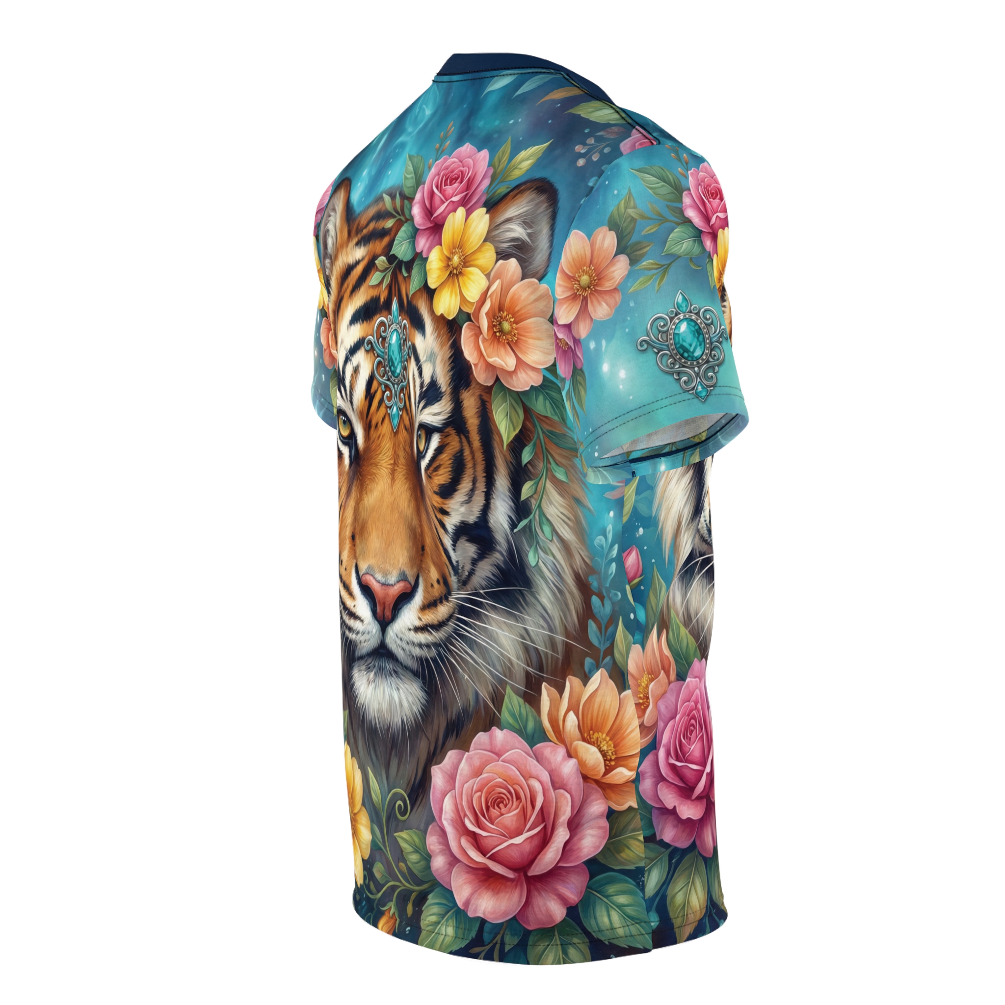 Teal background with a tiger's face framed by pink and orange roses, yellow flowers, and ornate jeweled accents on this all over print t-shirt.