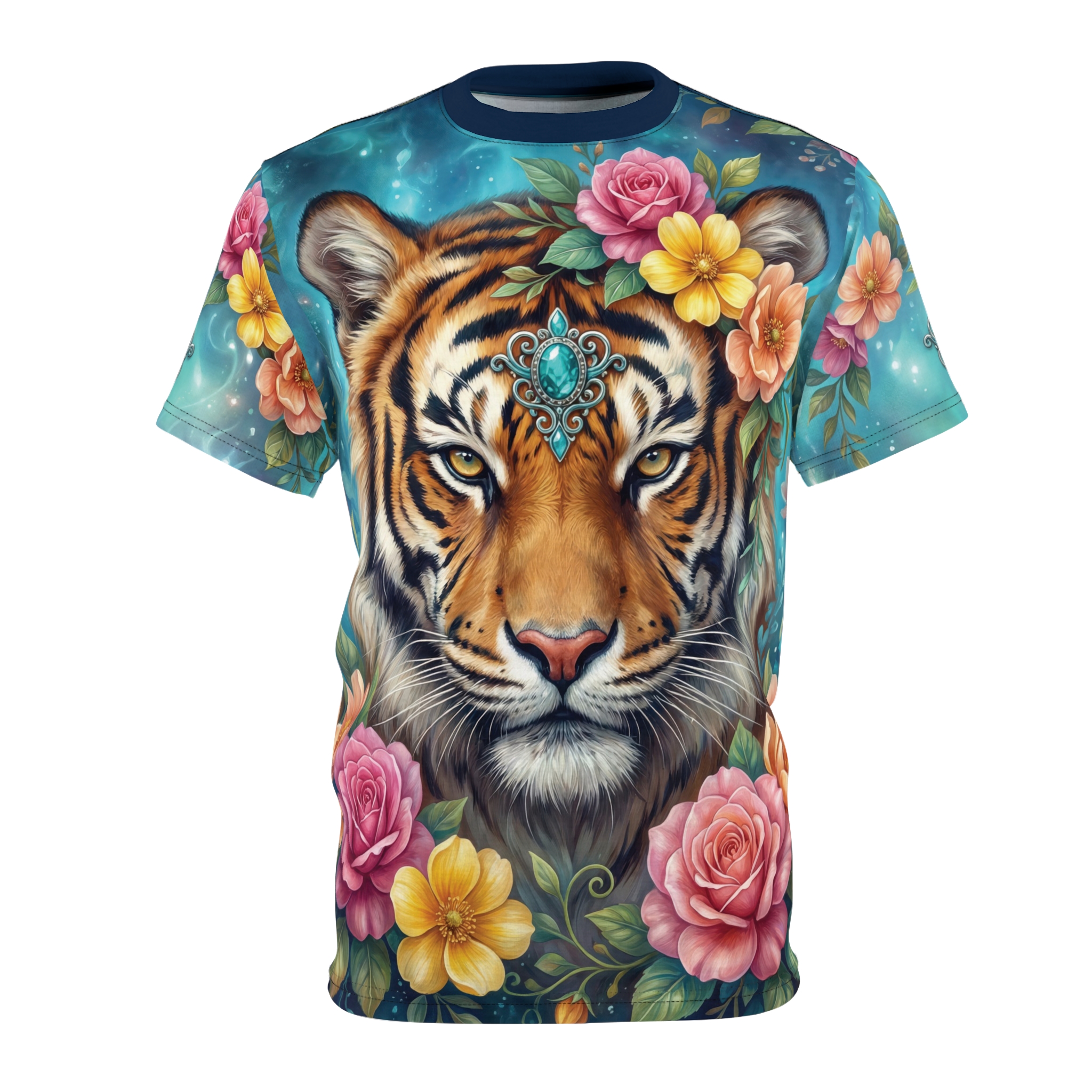 Ornate tiger face surrounded by lush pink and yellow roses, on an all over print t-shirt.