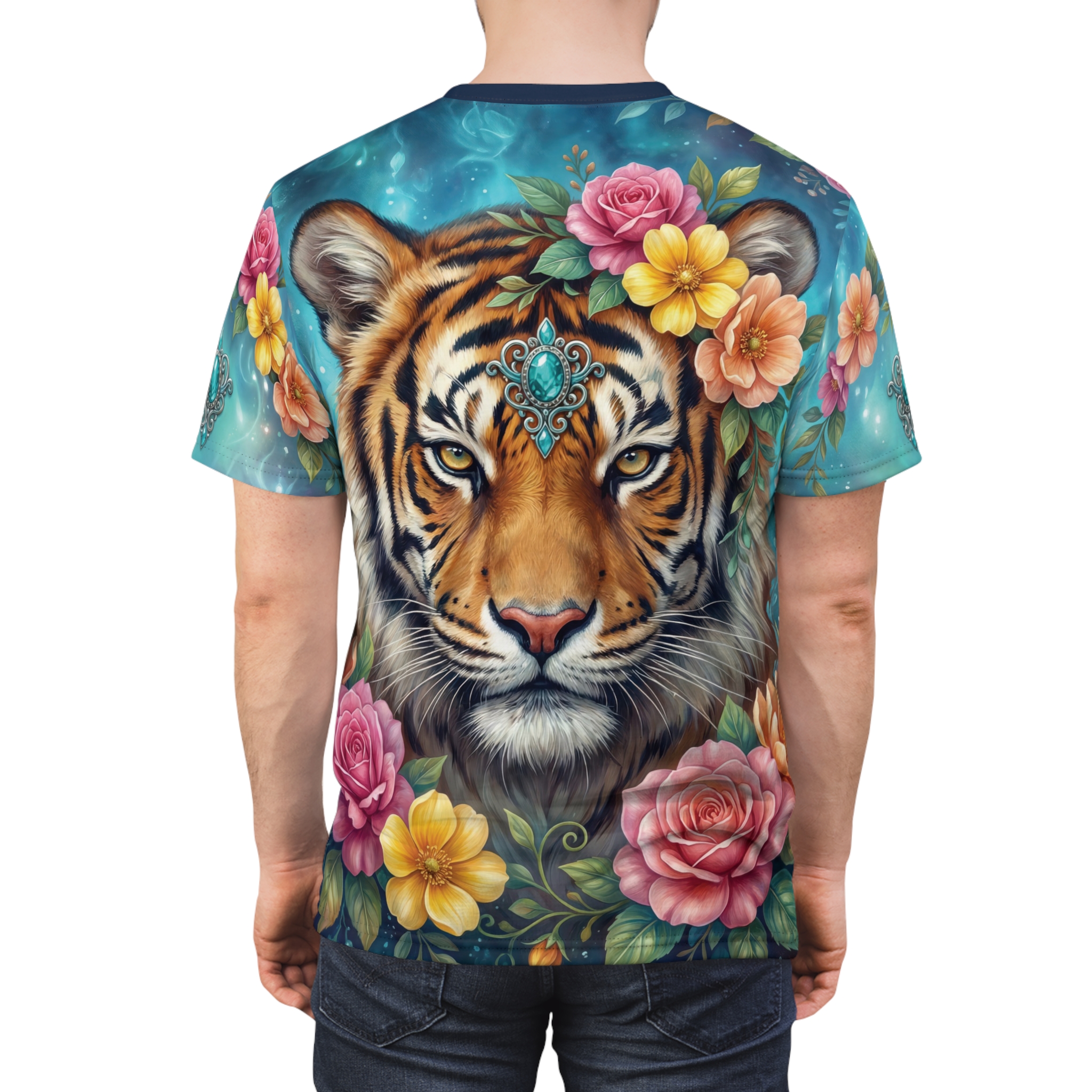 A majestic tiger face adorned with a turquoise gem and surrounded by vibrant pink and yellow roses on this all over print t-shirt.