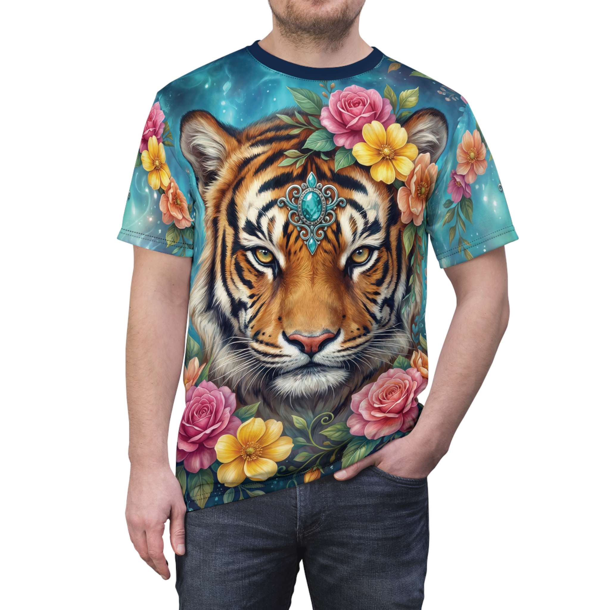 Turquoise background with a tiger adorned with pink and yellow flowers, featuring an all over print t-shirt.