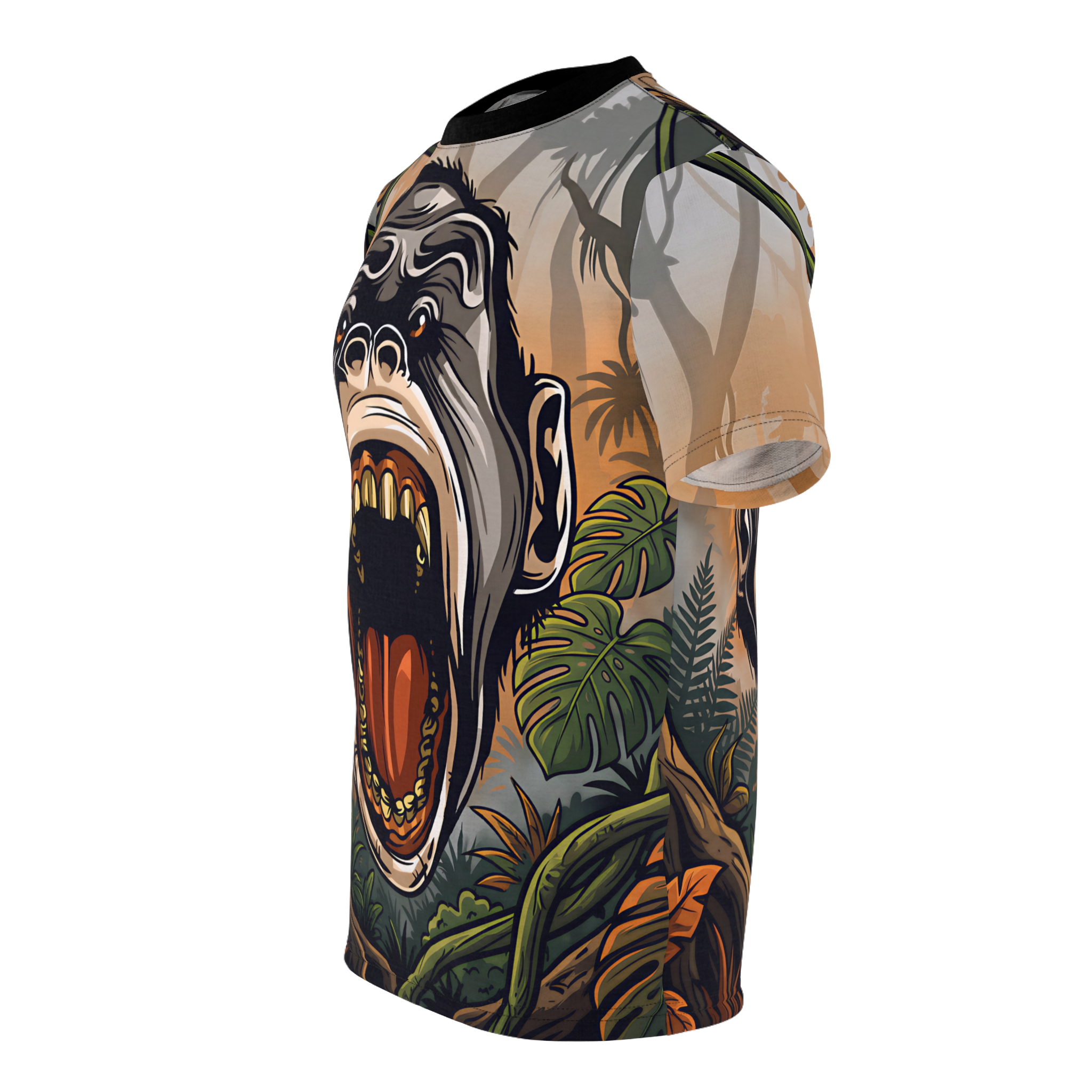 A roaring gorilla face dominates this all over print t-shirt, surrounded by lush jungle foliage and warm sunset tones.