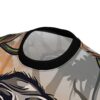 Orange and green abstract patterns with a fierce gorilla face adorn this all over print t-shirt.