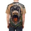A fierce gorilla roars in a jungle scene, with orange and green tones, on this all over print t-shirt.