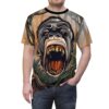 A roaring gorilla face with jungle foliage on this all over print t-shirt.