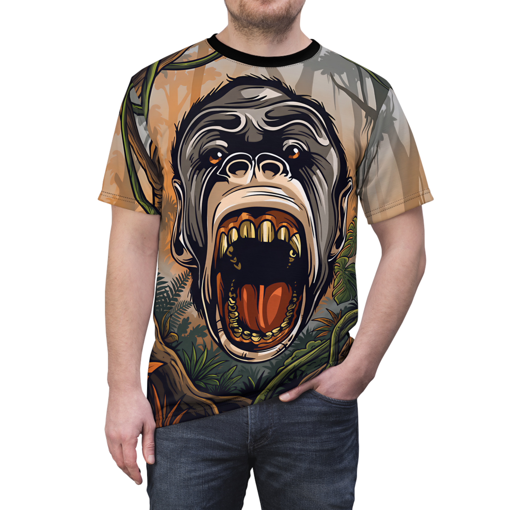 A roaring gorilla face with jungle foliage on this all over print t-shirt.