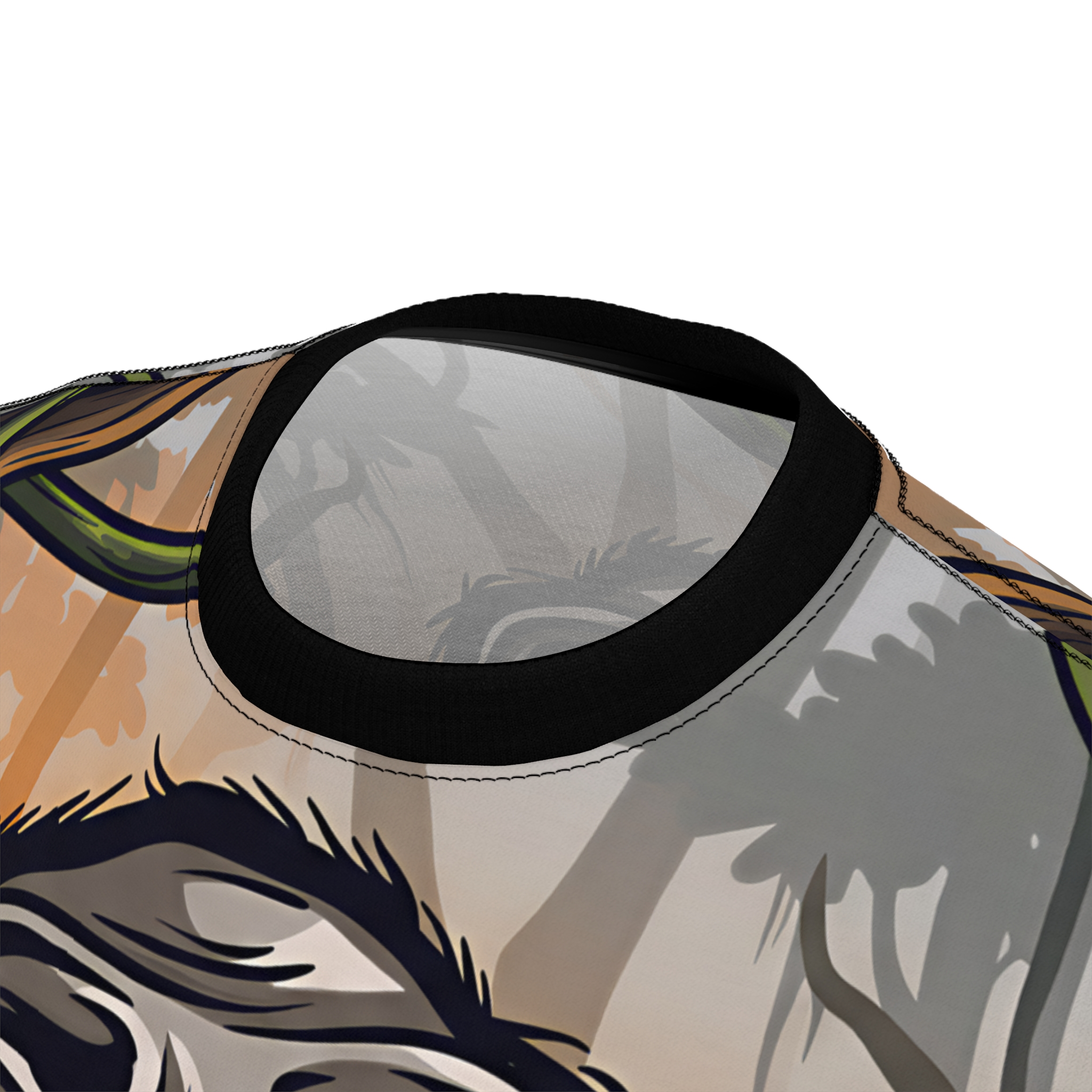 Orange and green abstract patterns with a fierce gorilla face adorn this all over print t-shirt.