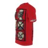 Red tee with black grid of icons: burger head, clock with X, plate with chains, brain. This is an all over print t-shirt.