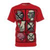 Black and cream graphic icons on a red sublimation graphic tee, featuring mouths, burgers, brains, and a locked plate.