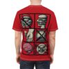 Red t-shirt with a grid of six black-bordered illustrations depicting food addiction themes.