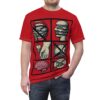 Black and cream icons depicting a mouth, burger-head, IV drip, scale, and brain fill this all over print t-shirt.