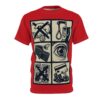 Red t-shirt with a cream and navy graphic grid showing gambling addiction symbols. This is an all over print t-shirt.