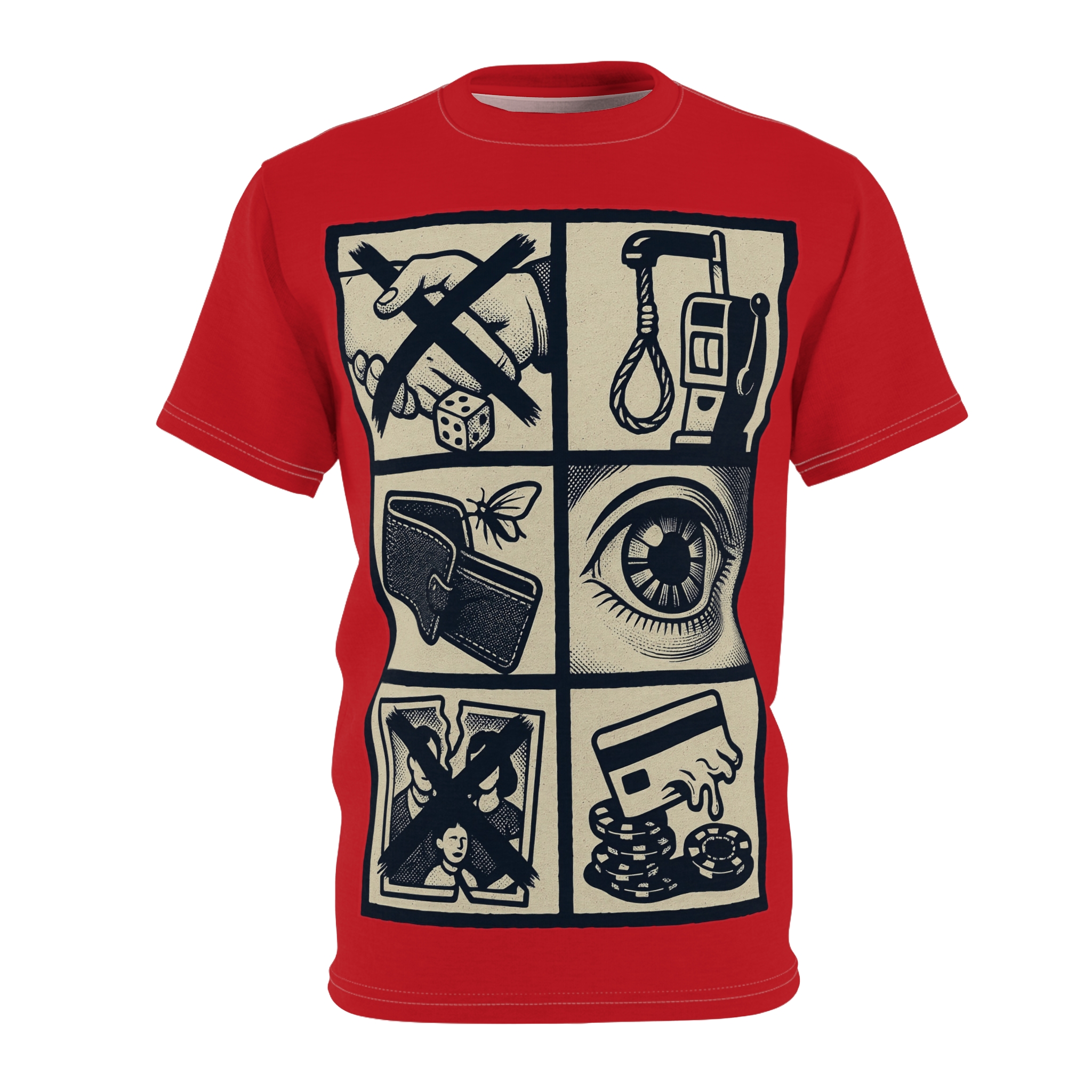 Red t-shirt with a cream and navy graphic grid showing gambling addiction symbols. This is an all over print t-shirt.