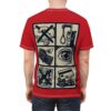 Black and beige panels on red, depicting gambling warnings: crossed handshake, noose and slot machine, empty wallet, eye, broken family photo, credit card and chips. This is an all over print t-shirt.