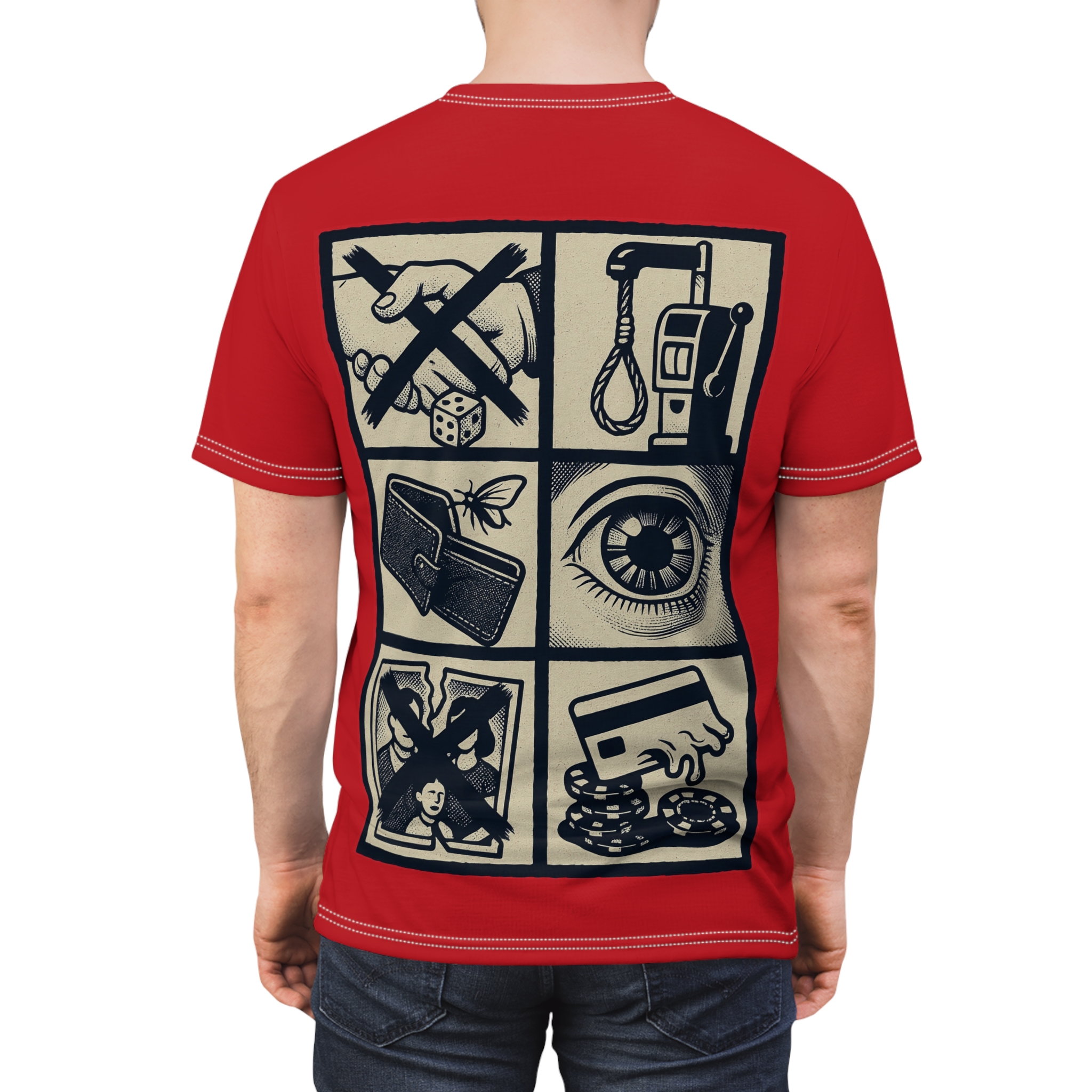 Black and beige panels on red, depicting gambling warnings: crossed handshake, noose and slot machine, empty wallet, eye, broken family photo, credit card and chips. This is an all over print t-shirt.