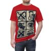 Black and cream vintage warning symbols for gambling addiction on a red all over print t-shirt.