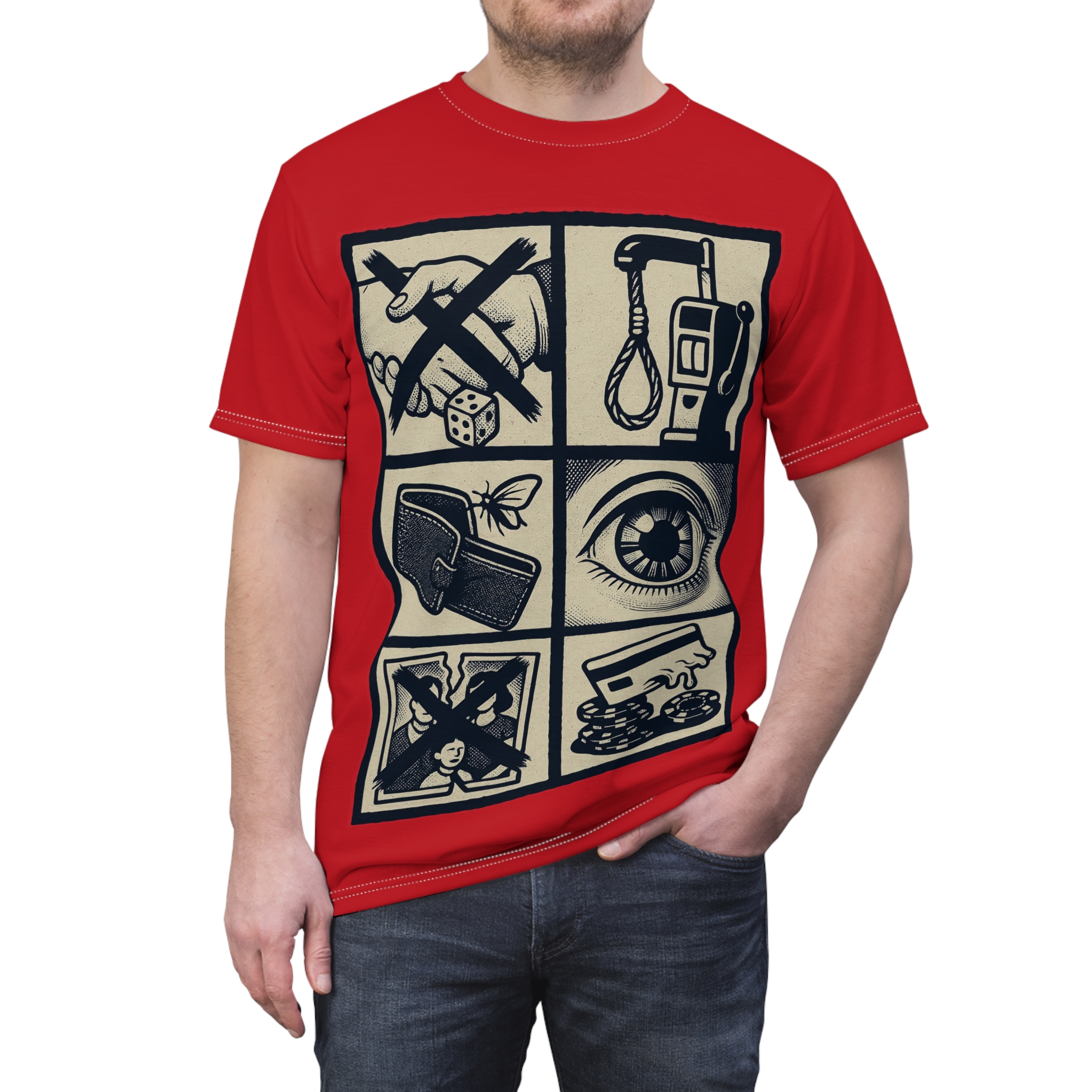Black and cream vintage warning symbols for gambling addiction on a red all over print t-shirt.