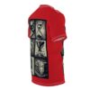 Black and cream panels on a red all over print t-shirt show a face, hourglass, controller, trophy, and melting clocks.