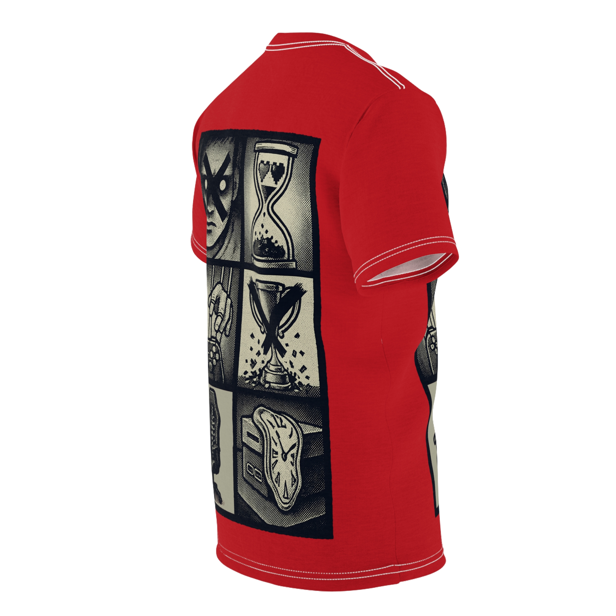 Black and cream panels on a red all over print t-shirt show a face, hourglass, controller, trophy, and melting clocks.