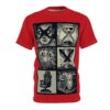 Black and cream graphic panels with a face, hourglass, controller, trophy, chair, and melting clock fill this all over print t-shirt.