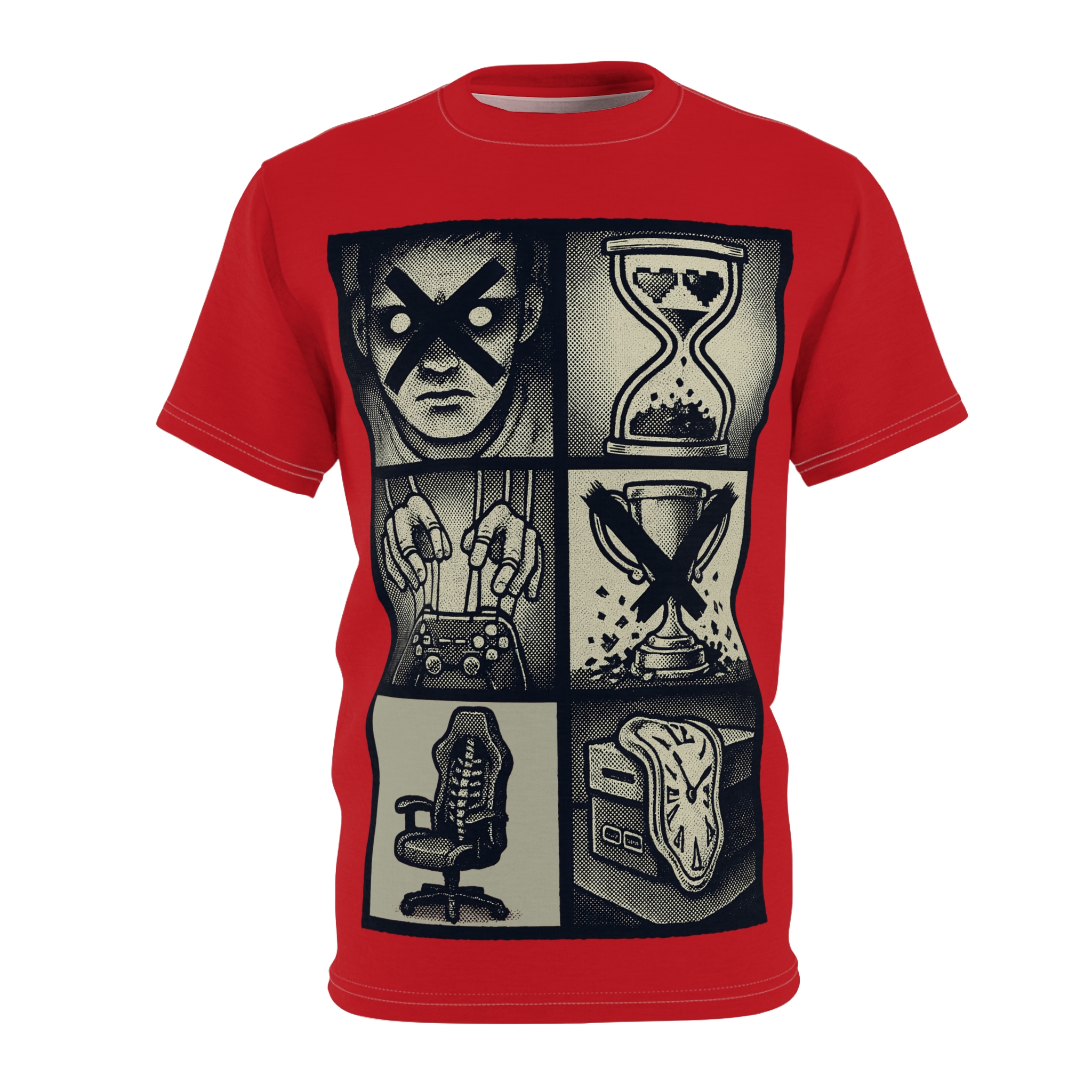 Black and cream graphic panels with a face, hourglass, controller, trophy, chair, and melting clock fill this all over print t-shirt.
