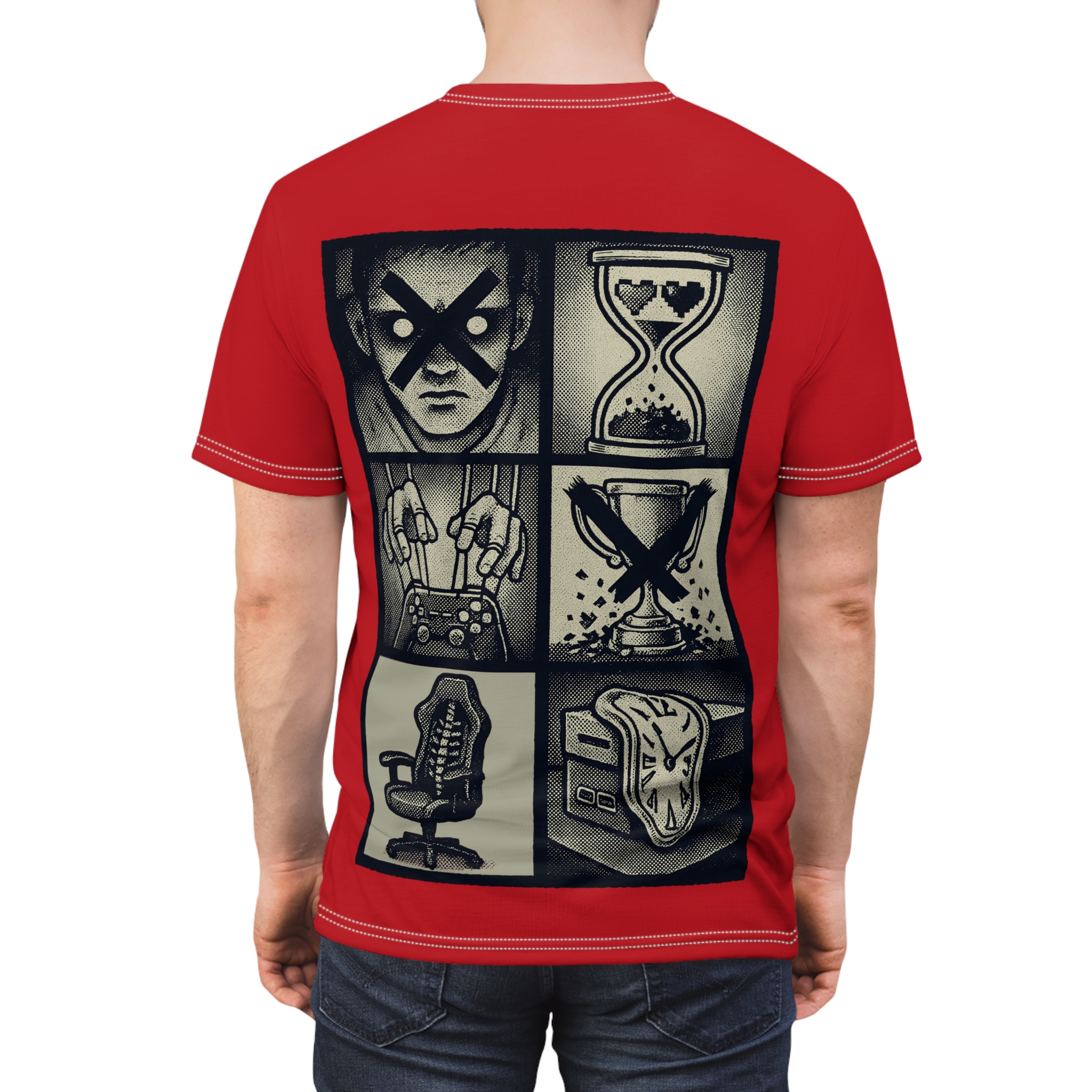 Black and cream comic panels depict a gamer's obsession on this all over print t-shirt.