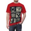 Black and beige comic panels depict a gamer's life on this all over print t-shirt.