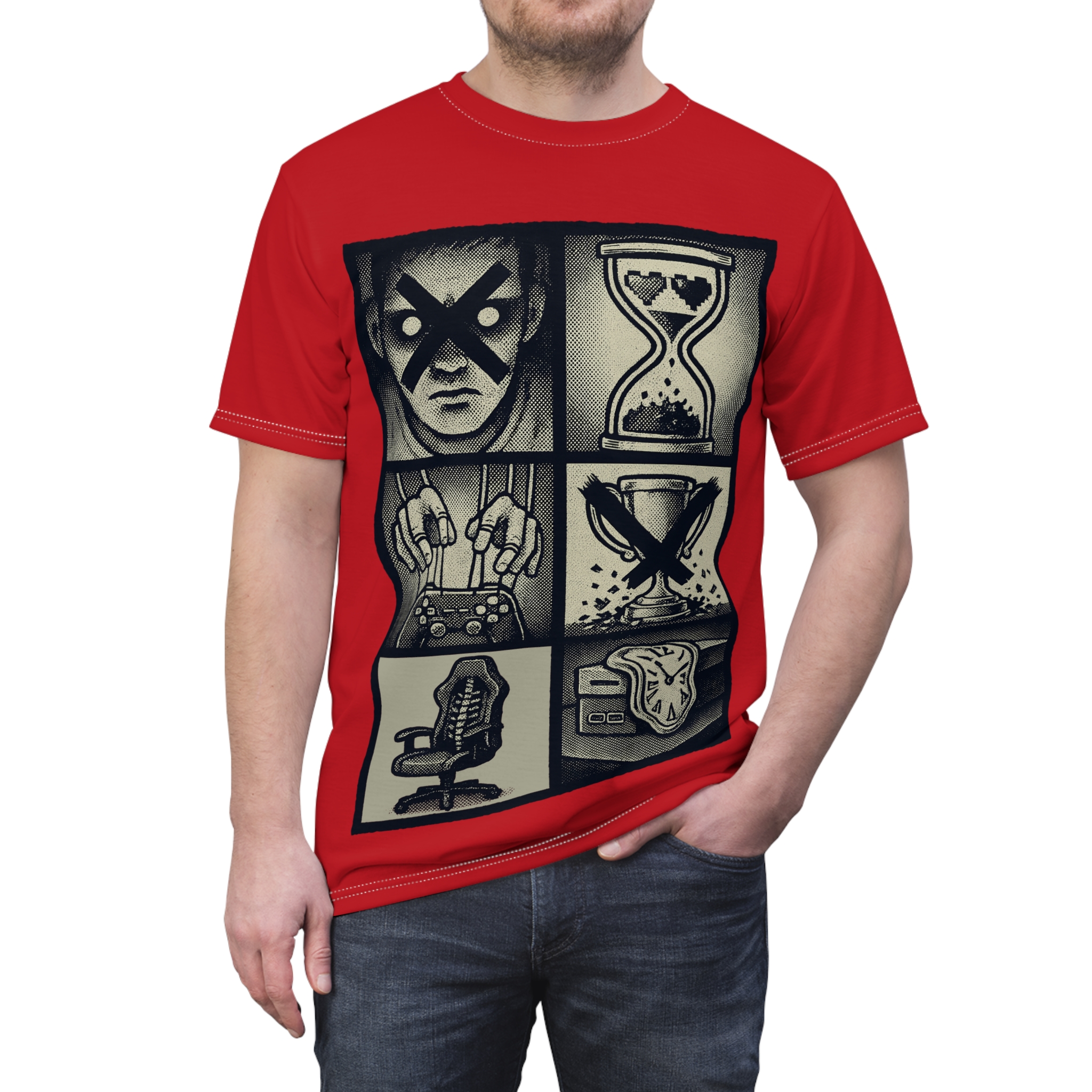 Black and beige comic panels depict a gamer's life on this all over print t-shirt.