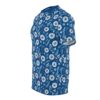 White and light blue botanical motifs on a deep indigo background, an all over print t-shirt.