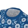 Deep blue tee with a white and light blue botanical print, featuring dandelion-like flowers and foliage. This is an all over print t-shirt.