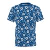 Deep blue tee with white and light blue floral and leaf patterns, an all over print t-shirt.