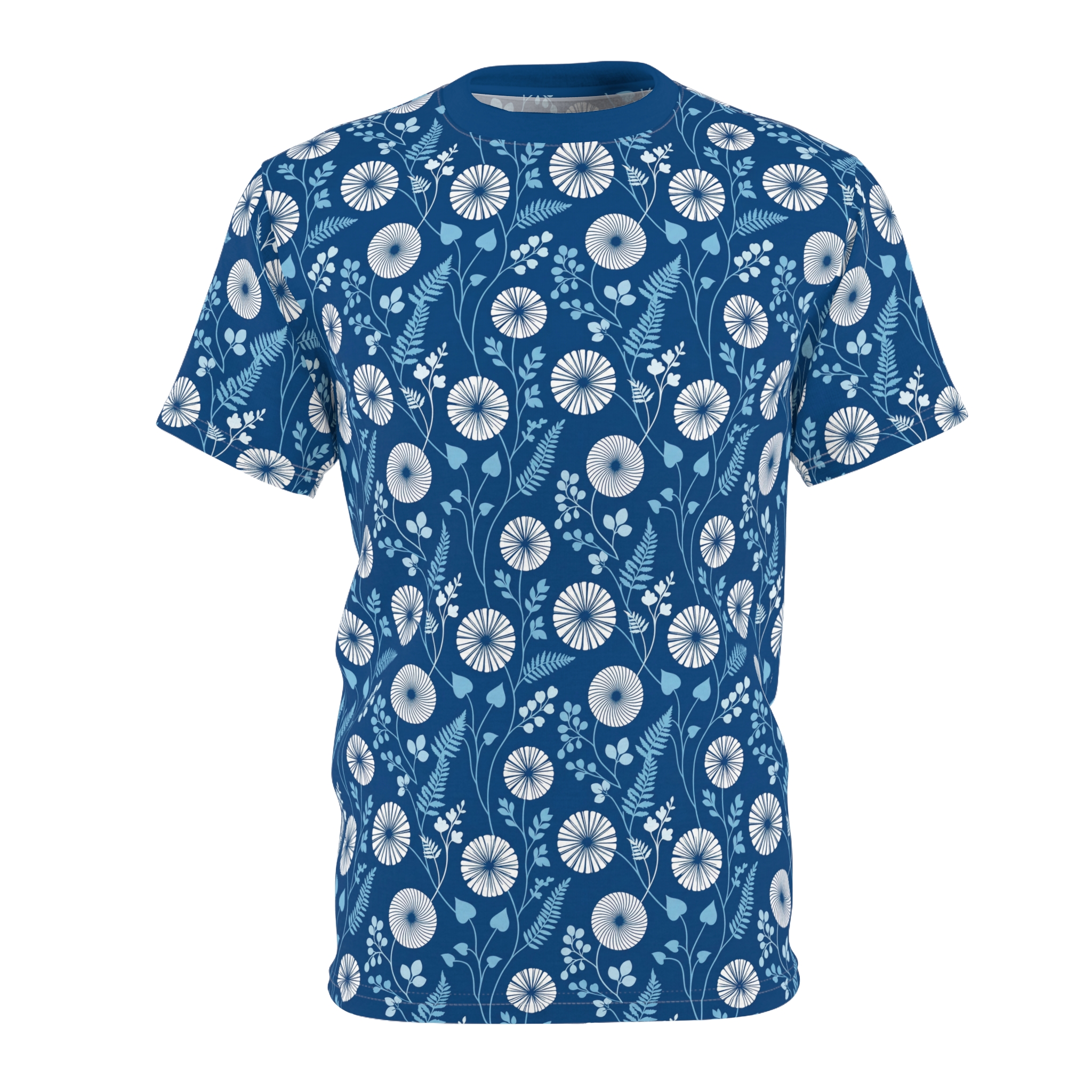 Deep blue tee with white and light blue floral and leaf patterns, an all over print t-shirt.