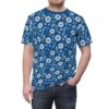 Blue shirt with white and light blue botanical patterns, a full print shirt.
