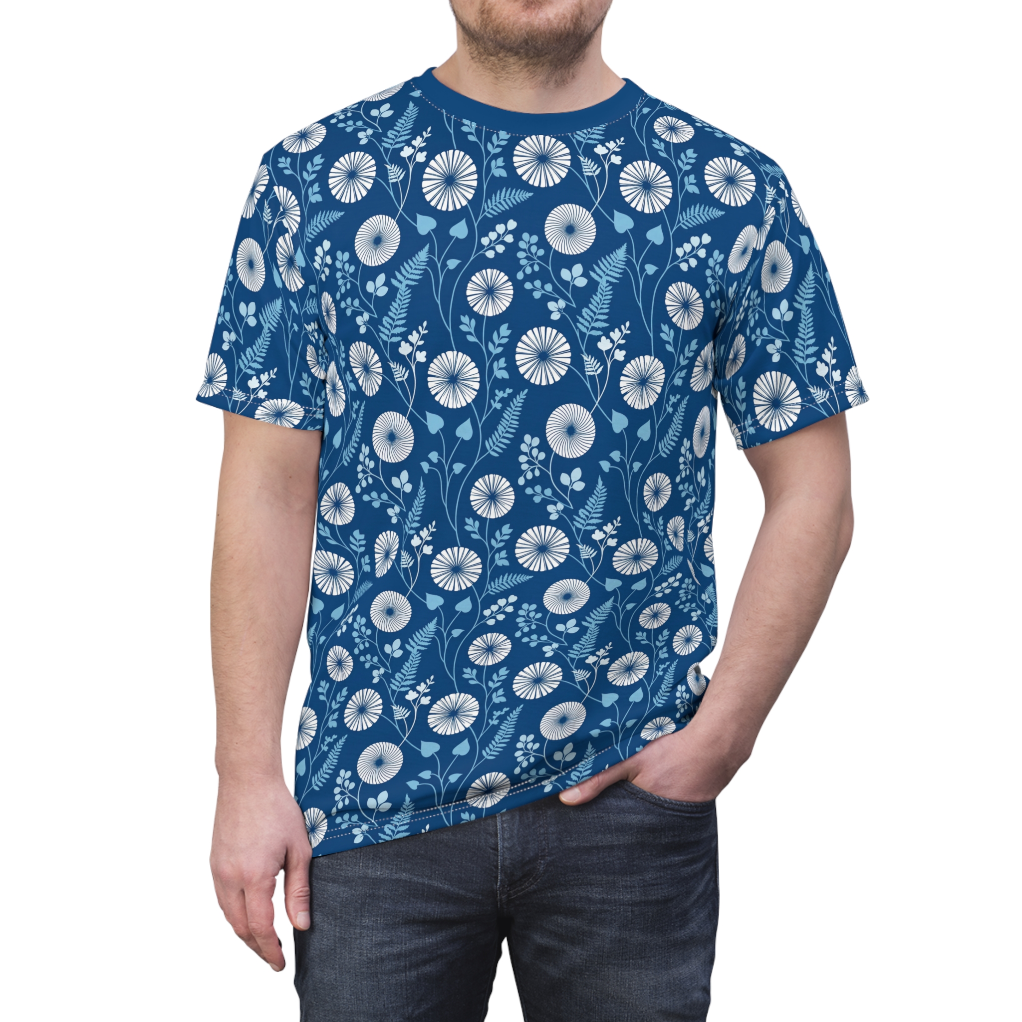 Blue shirt with white and light blue botanical patterns, a full print shirt.