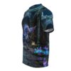 A mystical blue and purple dragon stands in a stone ruin surrounded by glowing crystals, printed on this all over print t-shirt.