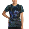 A mystical dragon with iridescent wings sits amidst glowing crystals in an ancient stone ruin. This all over print t-shirt displays a fantasy scene.