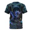 Iridescent dragon with glowing wings amidst ancient ruins and sparkling crystals, a full print shirt.