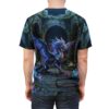 Iridescent dragon with glowing wings among crystals in an ancient ruin, an all over print t-shirt.