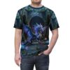 Iridescent dragon with glowing wings and purple crystals on an ancient stone path, part of an all over print t-shirt.