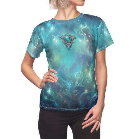 Enchanted celestial all over print sublimation tee, featuring swirling nebulae, cosmic dust, and a central gemstone amulet graphic.