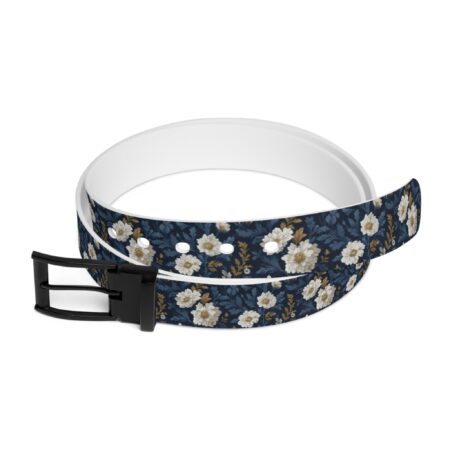 Navy Floral Belt — Vintage White Daisy Print Adjustable Fashion Belt